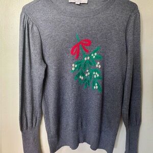 LOFT Gray Sweater with Festive Embroidery